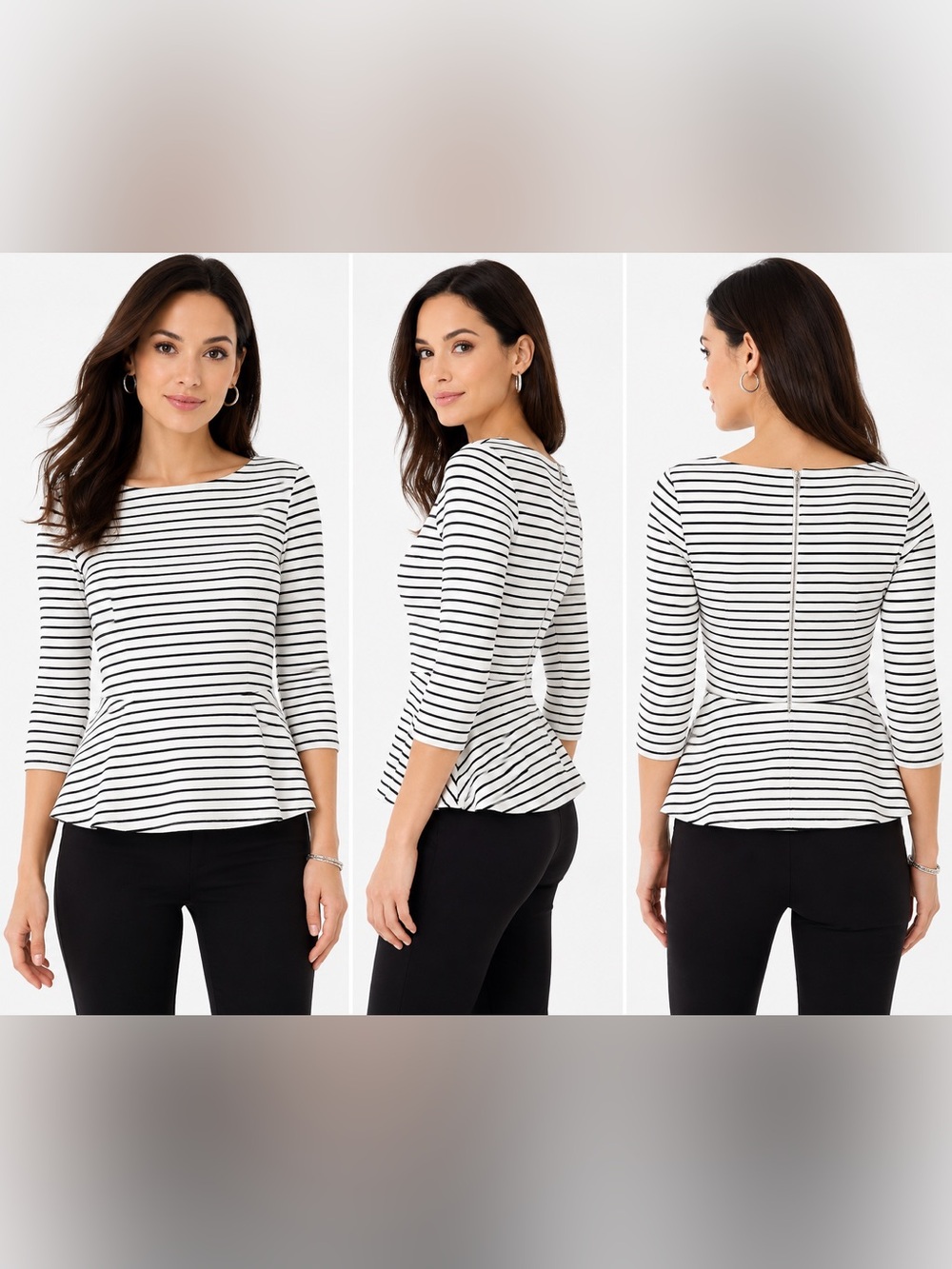 White House Black Market Black & White Striped Peplum Boatneck Top